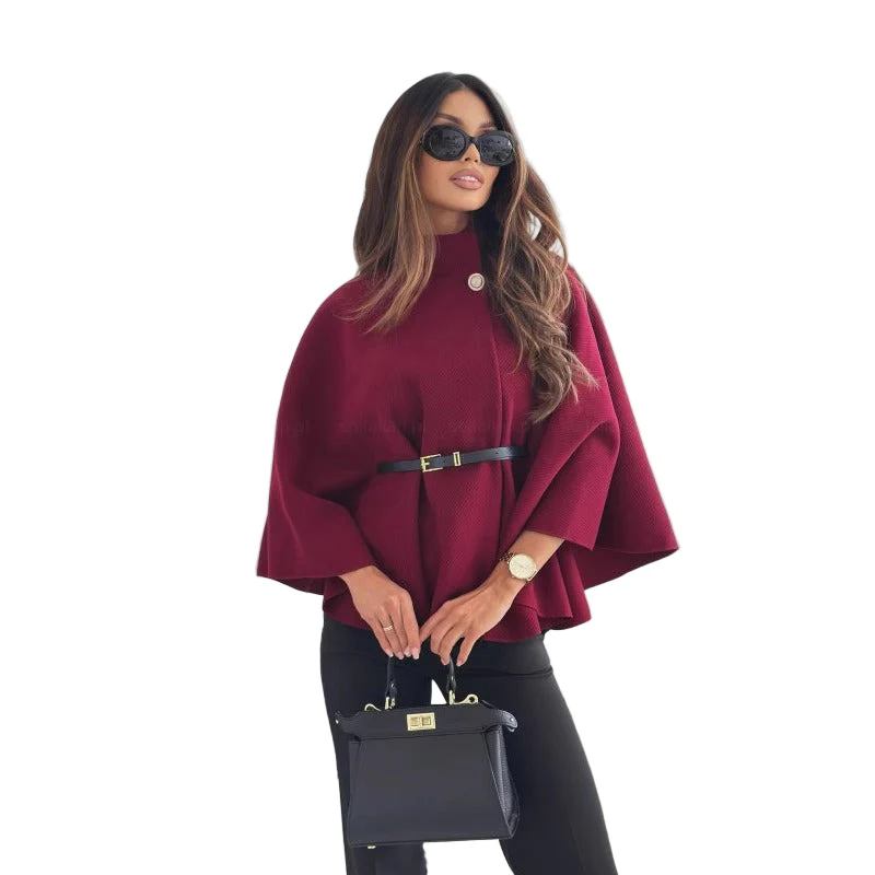 Dames Cape Coat met Hoge Hals en Ceintuur - Afbeelding 2