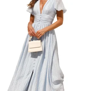 Dames Lange Zomerjurk V-hals met Puff Mouwen en Knoopsluiting
